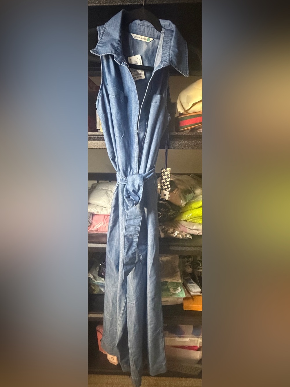 Denim Jumpsuit with Waist Tie - Light Blue